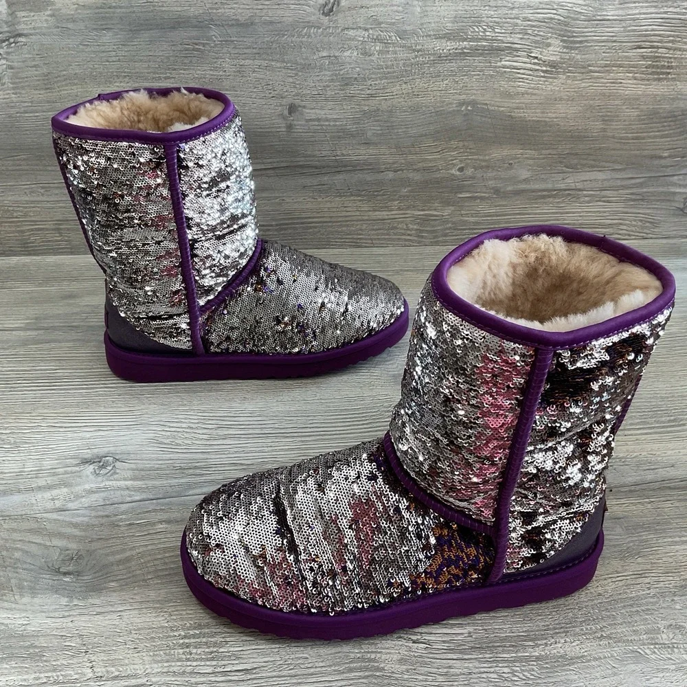 Ugg 1002978 Australia Womens 9 US Classic Short Sequin Boots Purple Silver RARE